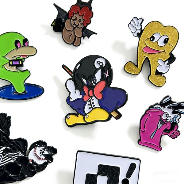 Wholesale custom silk screen enamel pins for clothing and accessory branding.