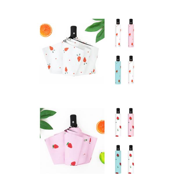 Ladies Three Fold Blue Umbrella with Strawberry Dot Pattern All-Season Manual Open