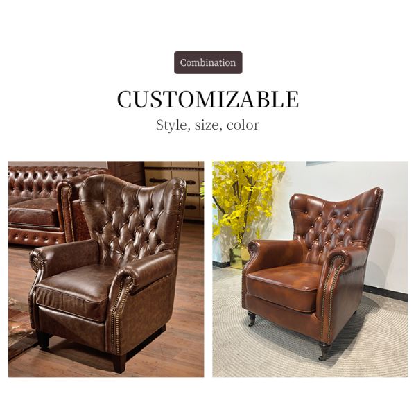 Nidea #8826 Foshan Factory Custom-Made American-Style Retro High-Back Tiger Chair Genuine Leather Leisure Sofa  Chair Bedroom Living