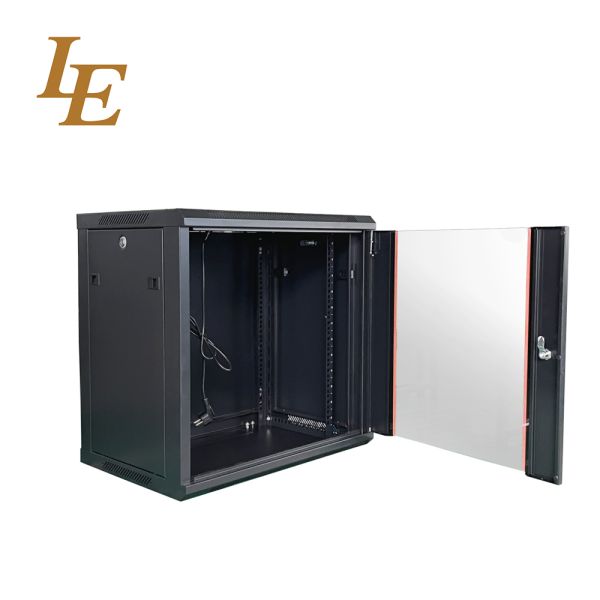 19 Inch Wall Mounted Rack Enclosure RAL9005 Black RAL9004 Black 4U 6U 9U 12U Metal Cabinet 600mm Width 450mm/600mm Depth Red/Orange/Blue Decorative Strips on Glass Front Door Disassembled Packing