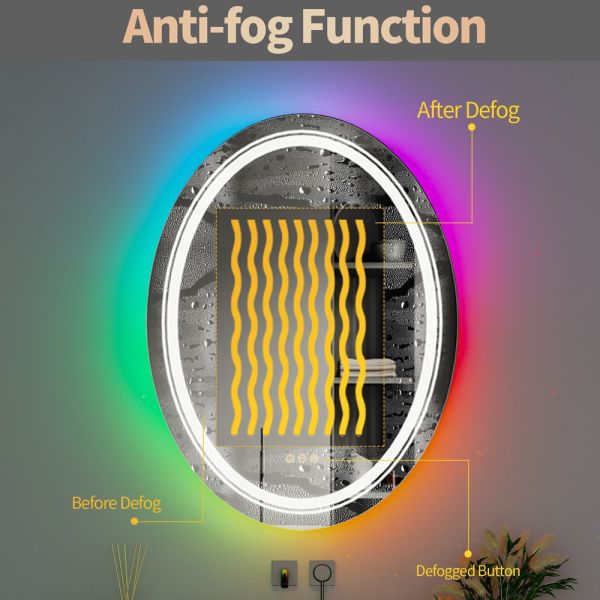 Oval RGB LED Lighted Smart Bathroom Mirror High Definition Eco-Friendly Explosion-Proof Anti-Fog Modern Design IP44 Illuminated