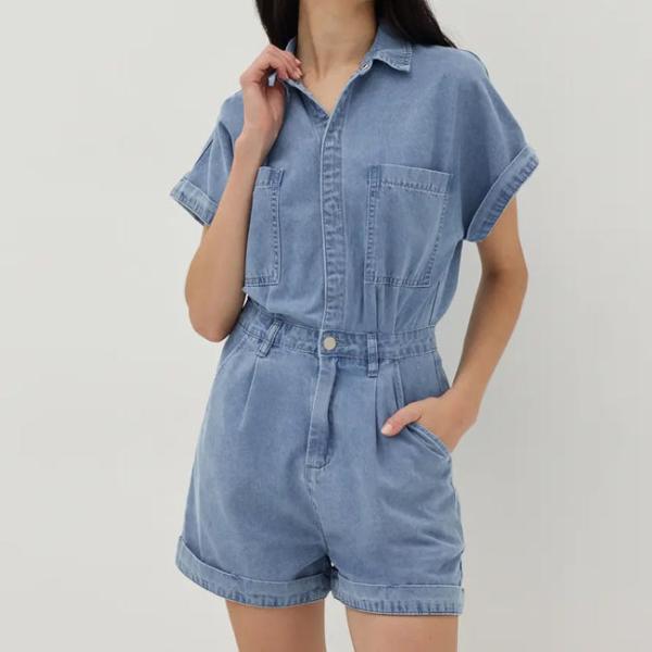                  Summer Women Short Sleeve Romper Fashion Casual Blank Button up Playsuit Denim Short Jumpsuit             