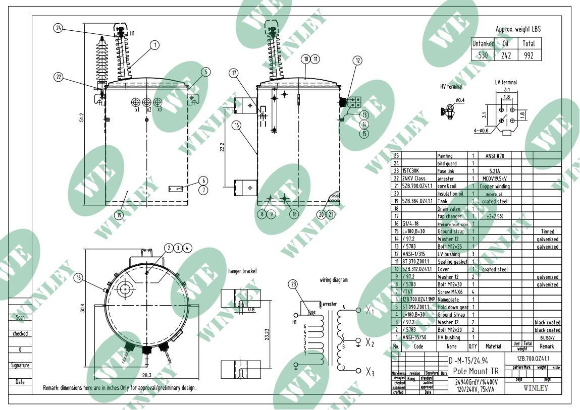 75 kVA Single-Phase Pole-Mounted Transformer 24940GrdY/14400V to 120/240V For Rural Distribution