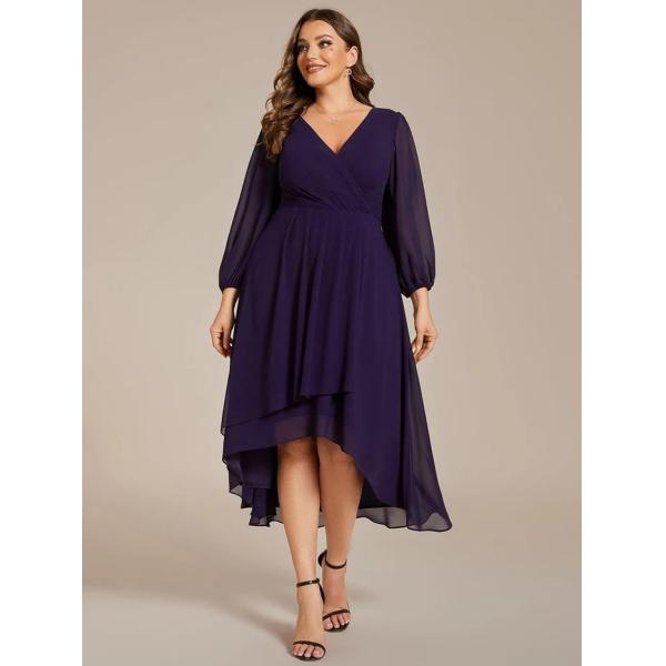 Plus Size Ruffled A-line Long Sleeve V-neck High Low Wedding Guest Navy Blue Chiffon Bridesmaid Dress