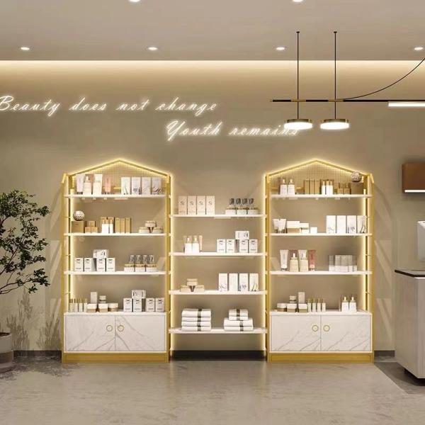 Versatile Cosmetic Luxury Display Cabinets MultiLayer Marble Shelving Golden Body