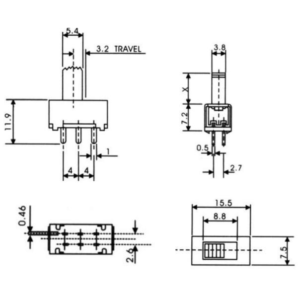 Slide Switch，2P2T 6 Pin Sliding Door Light Switch ，Interruptor On-Off Vertical Push Tact Switch,Mini Toggle Switch
