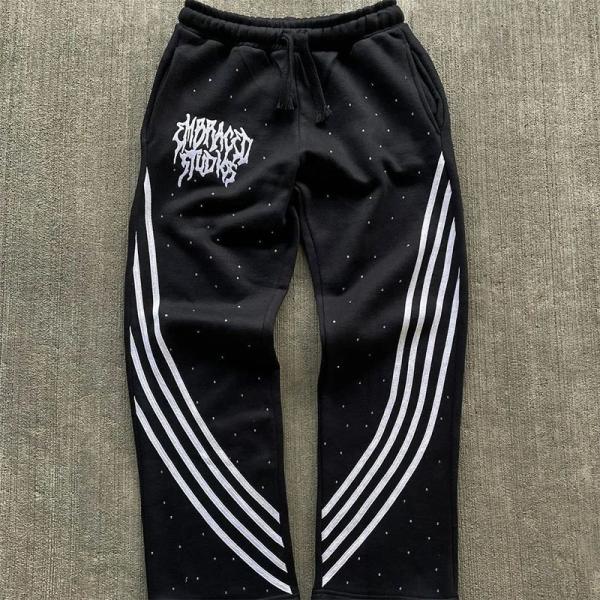 Lave-pierre à l'acide à l'aide d'un revêtement personnalisé Rhinestone Acide Stones Lave-pierre à bande déchirée Trace vintage brodée Sweat Pant Acide Lavé Mens Sweat Baggy