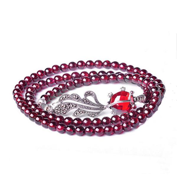 4mm Round Genuine Garnet Beads Bracelet with 925 Silver Marcasite Goldfish Charm 20 inches (B120702)