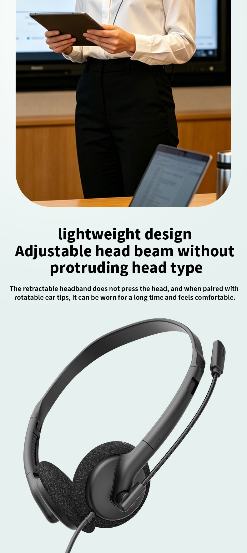 Lightweight wired telephone headset with ENC noise‑cancelling flexible boom microphone. Supports USB, Type‑C & 3.5mm jack, perfect for call centers, remote work, online meetings and classes,OEM & ODM
