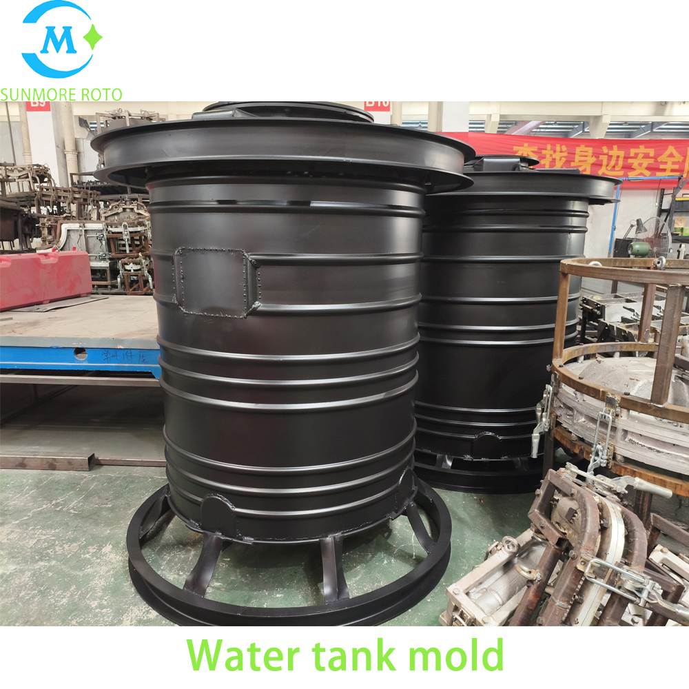 SUNMORE ROTO OEM Custom Ribbed Vertical Water Tank Rotomolding Iron Mould, Thick Cast Steel Plastic Reinforced Storage Tank Mold With Bottom Radial Support Frame & Full Circle Toggle Quick Clamps