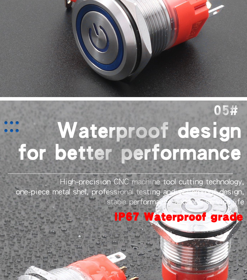 19MM Metal Push Button Switch With LED 2NO2NC Momentary Latching IP67 Stainless Steel 8 Pins Flat Head