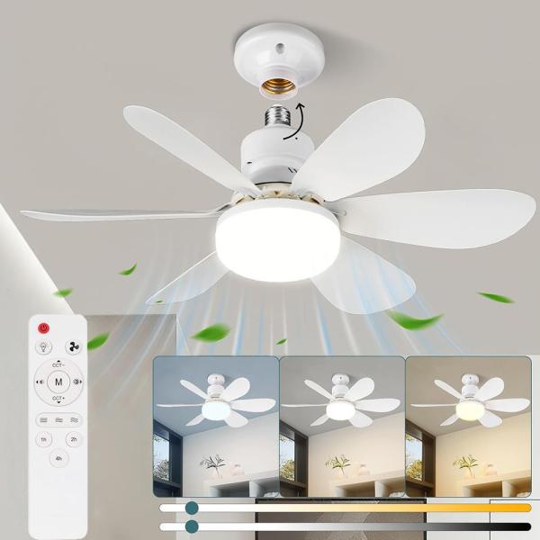 Socket Fan Light with Remote E27 Base 20.5'' Small Screw in Ceiling Fans with Lights 3 Speeds and 3 Color Dimmable Fan Light Bulb