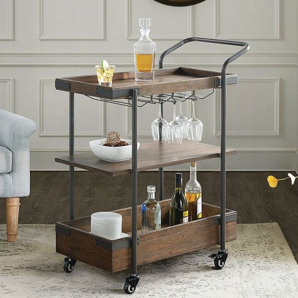 MOYI  Iron Trolley Quality Wooden Cart with Wheels for Hotels and Bars