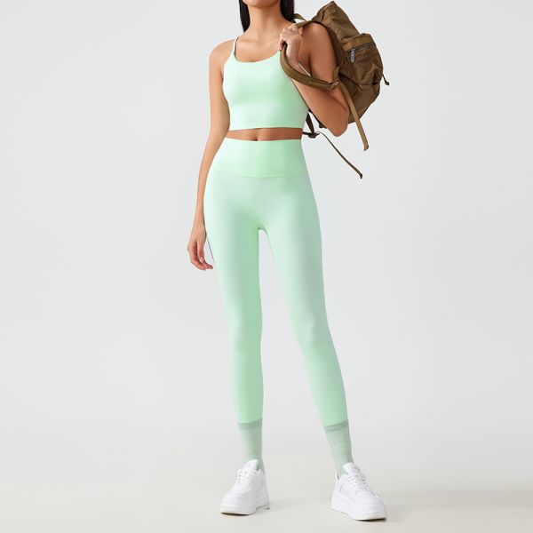 Spaghetti Strap Cropped Yoga Clothing Set 4 Way Stretch Sports Bra Top High Waisted