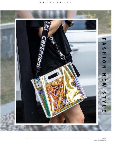 Custom Digital Printing Trendy Transparent PVC Shoulder Handbag Durable Washable Holographic Women'S Tote Shopping Bag