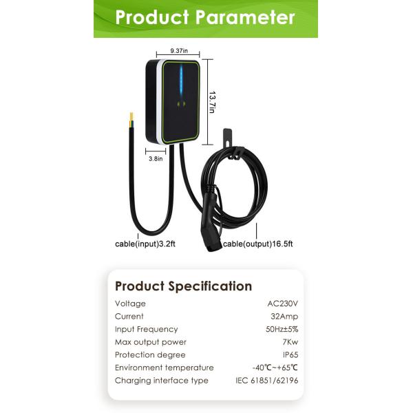 Wifi / RFID / APP optional 5m Cable Wallbox Ev Charger SAE J1772 / IEC62196 Ev Charger Station