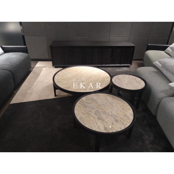 Solid Wood Round Marble Top White Coffee Table Set