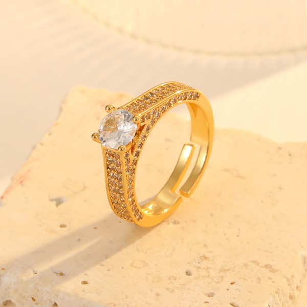 Custom 18K Gold Plated Brass Zircon Ring High End Open Adjustable Fashion Versatile and Elegant Women's Jewelry Rings