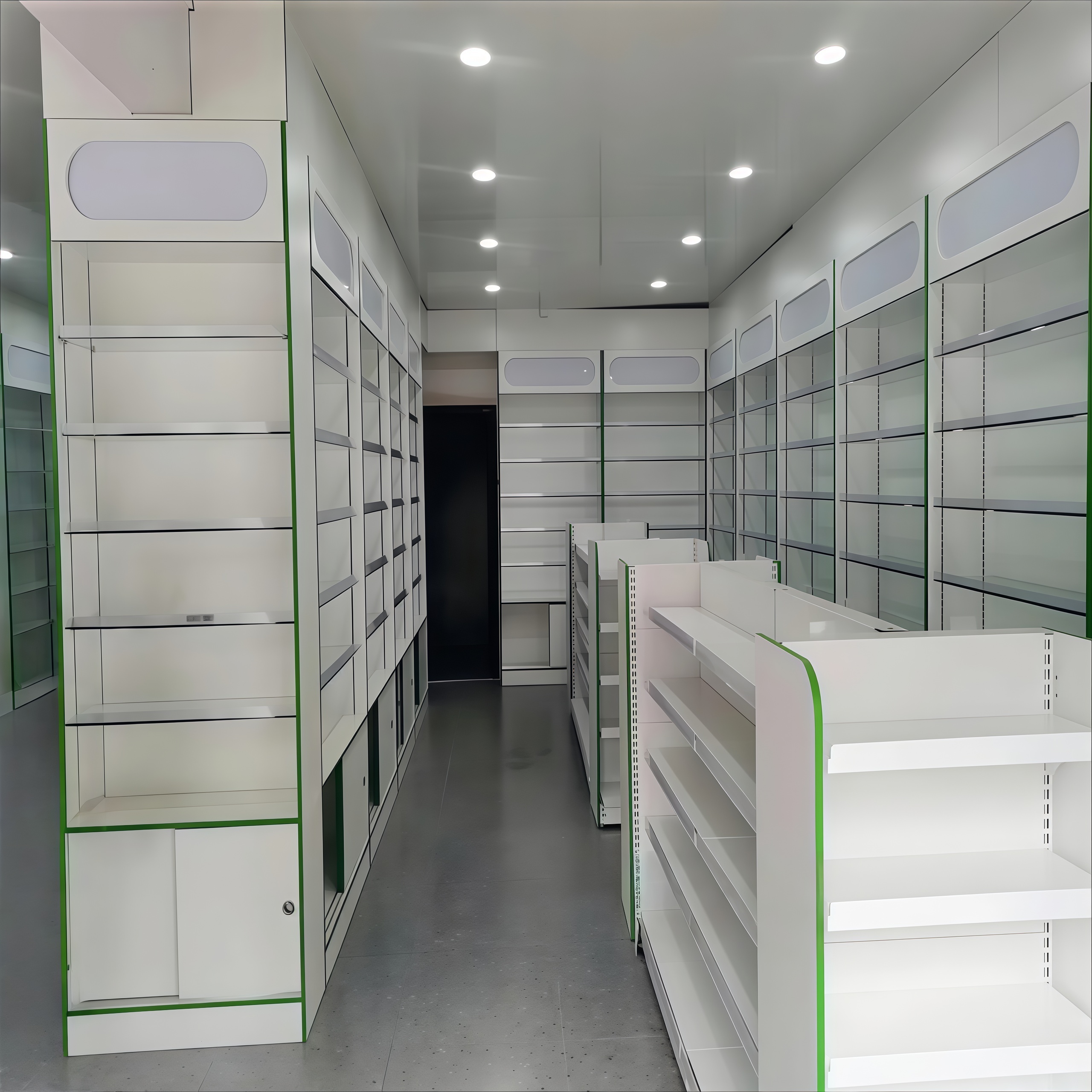 Wooden Pharmacy Wall Shelves and Custom Medical Display Cabinets for Retail Drugstore Store Decoration