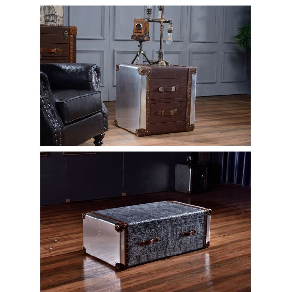 Nidea #8611 Red Wine  Bar Coffee Table Personalized Hotel Reception Room Industrial Style Double Drawer Retro Aluminum Leather Rivets