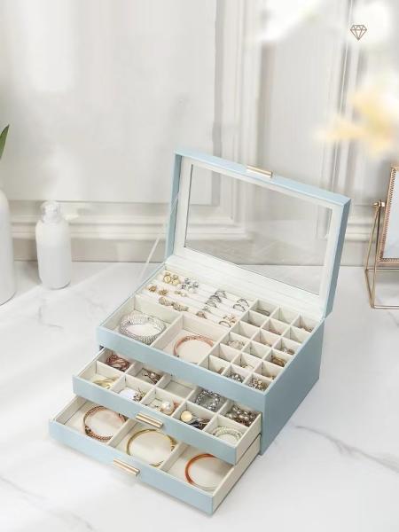 Metal Leatherette Light Blue Jewelry Cases Durable Jewelry Box With Window