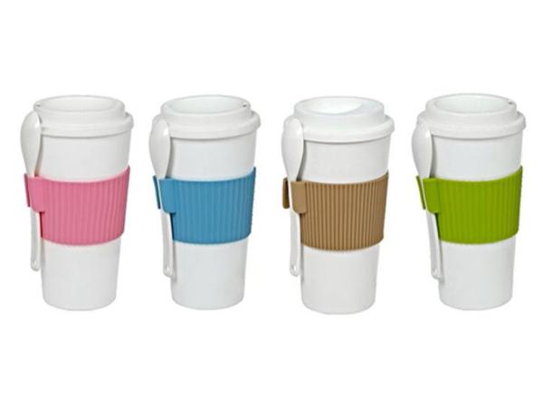 16oz PP coffee mug with spoon&non-slip ring&flip lid gifts ecofriendly FDA/LFGB/CA65/CE/E