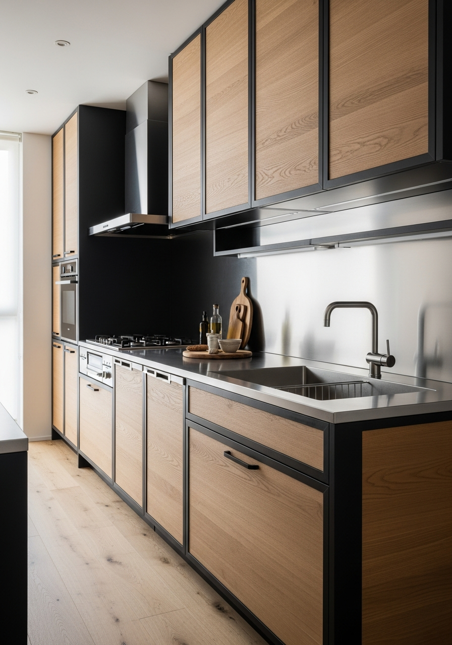 Japandi Honey Oak Kitchen Cabinet in 304 Stainless Steel with Iron Frames
