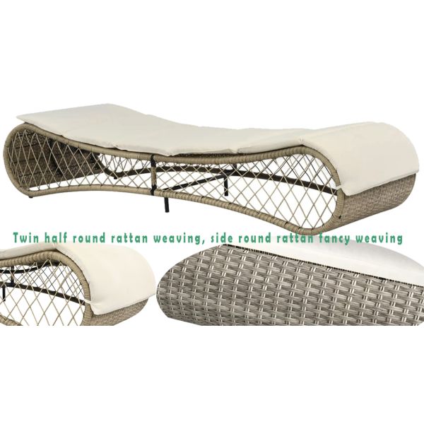 New Original Outside Sun Bed Lounger White Cushion Poly Rattan Gray Pool Chaise Lounge