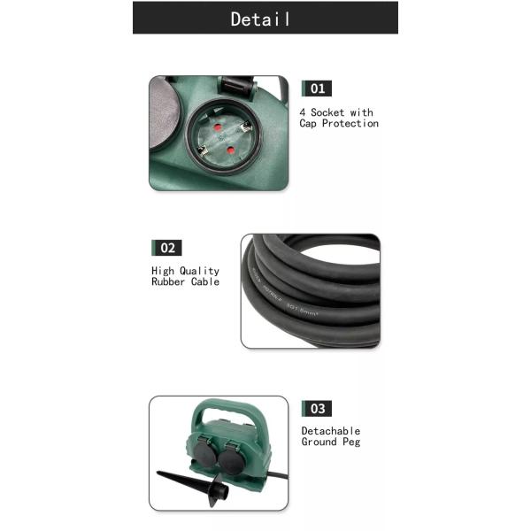 Hot sale 4 way German waterproof IP44 outdoor garden socket with 1.5m 5m 10m rubber extension cord