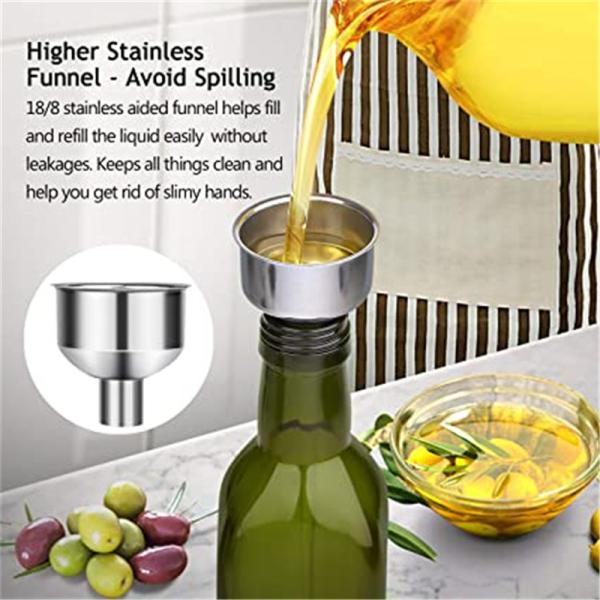Glass Dark Green Kitchen Oil Bottle With Stainless Steel Spout Funnel Square 500ml 2pcs