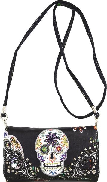 PUNK GOTHIC ROCK METALLIC SKULL DAY OF THE DEAD FLORAL SUGAR SKULL LEATHER PURSE WOMEN HANDBAG SHOULDER BAG WALLET SET