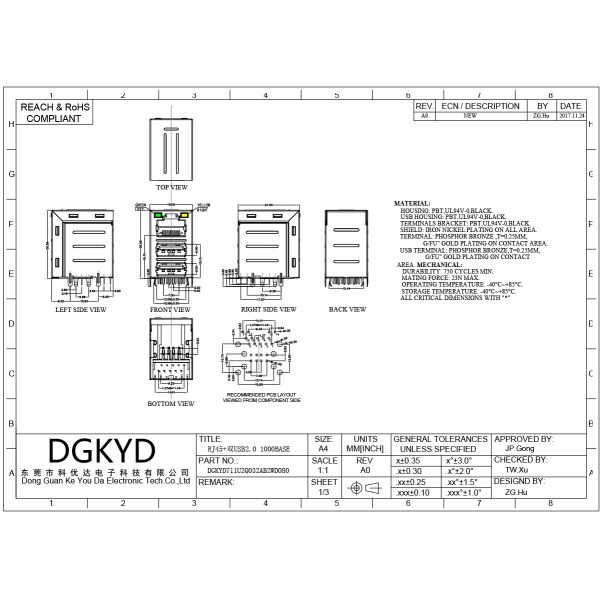 RJ45 with dual USB 2.0 sockets, Gigabit network interface with shielded DGKYD711U2Q032AB2WD080