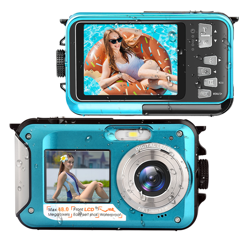2.7K Waterproof Camera 2.7+1.8 Inch Screen 16X Digital Zoom 13FT Underwater Anti