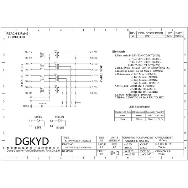 RJ45 with dual USB 2.0 sockets, Gigabit network interface with shielded DGKYD711U2Q032AB2WD080