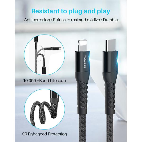 2.4A FCC Nylon Braided USB Charging Cable MFI PD 15W