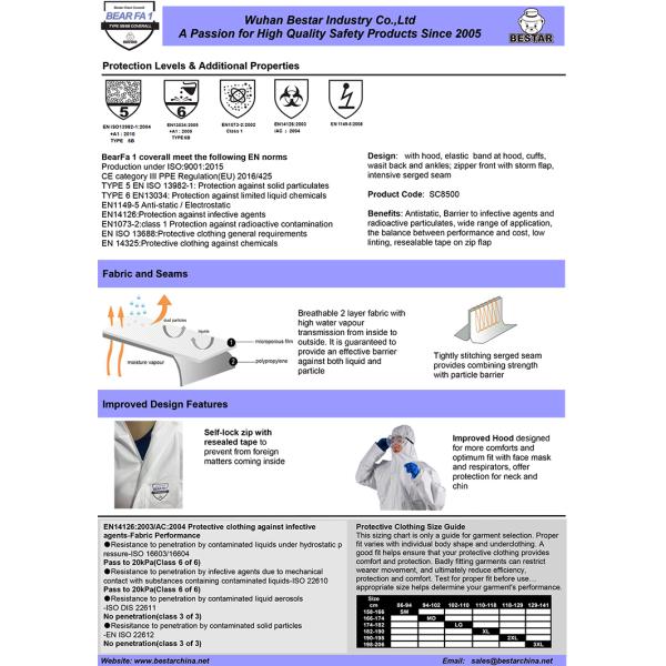 EN 14126 Yellow Disposable Medical Coveralls Type 5B/6B