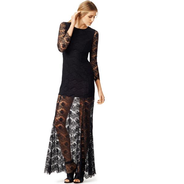 Women Black Sheer Lace Evening Gown Dress With Long Sleeve