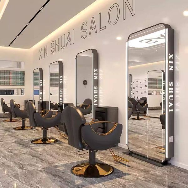 Modern LED Hair Salon Mirror Floor Stand Double Sided Barber Station Mirror with Light Black Frame for Hairdressing Furniture