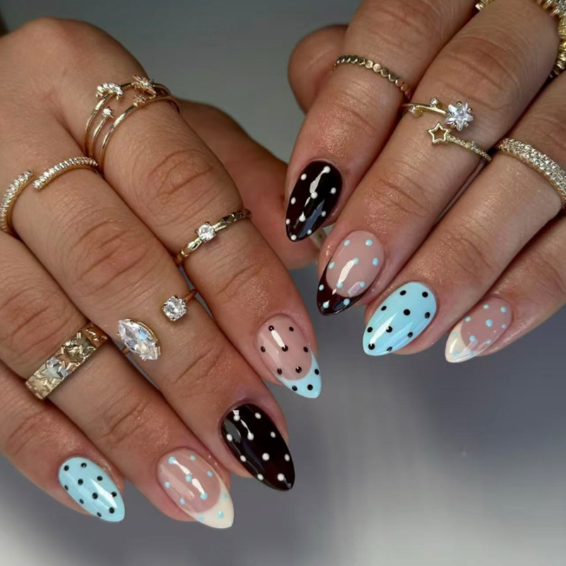 French Tip Polka Dot Pattern Artifical Nails Long Almond Design