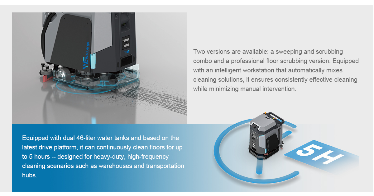 5-in-1 Smart Commercial Cleaning Robot 48V 30Ah Battery High Efficiency Autonomy Vacuuming Mopping Robot