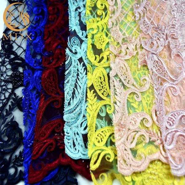 Beautiful Hand Embroidered Lace Water Soluble Beaded Lace Bridal Fabric 20% Polyester