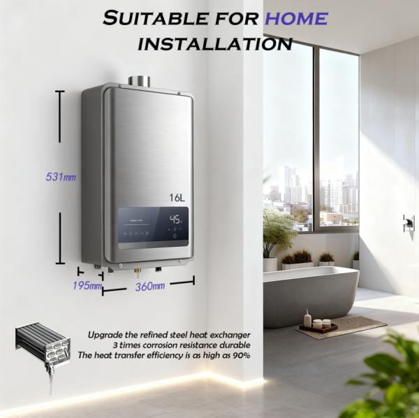 12L-16L Tankless Gas Water Heater Stainless Steel Heat Exchanger Anti-Corrosion for Home Bathroom