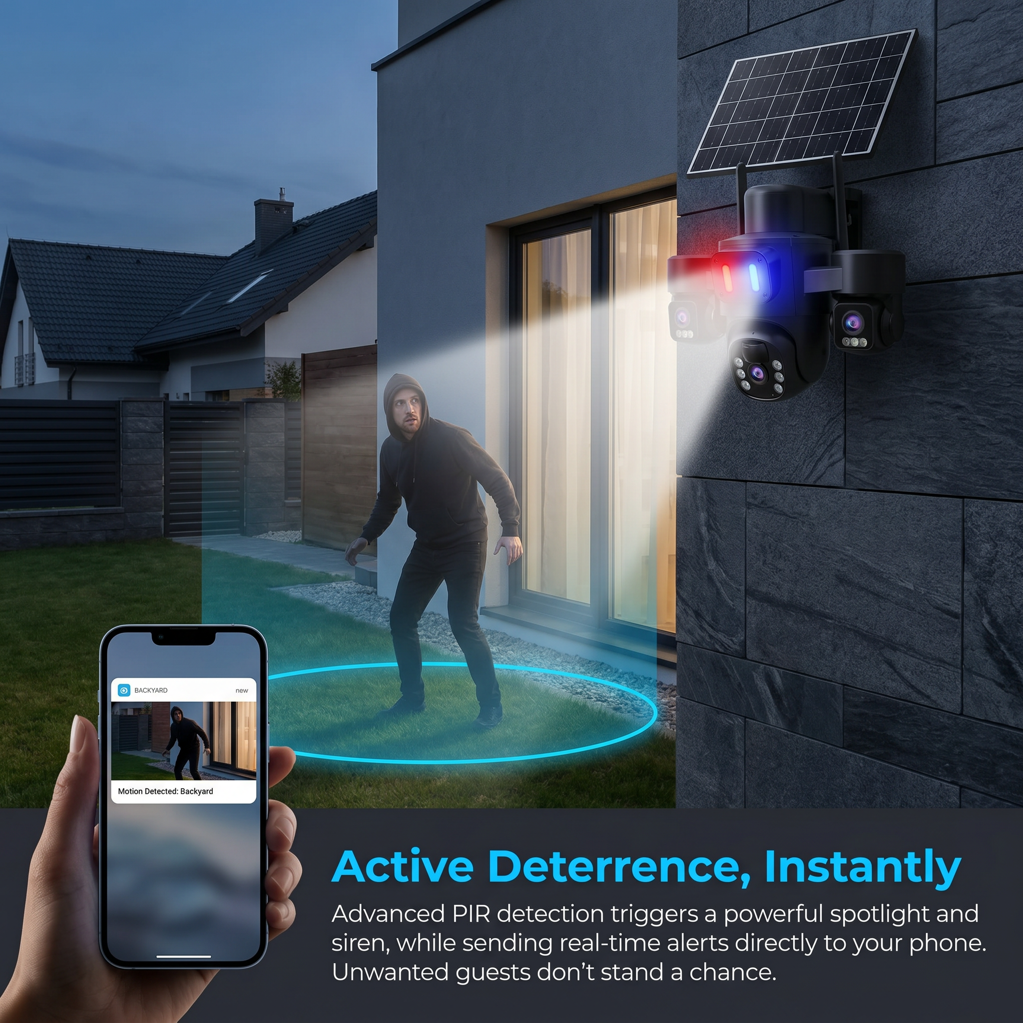 Solar Powered Wireless Outdoor Security Camera, 14 PCS LED Fill Lights, PIR Human Motion Detection, WiFi Connection, IP66 Weatherproof Two-Way Audio Surveillance Camera for Yard Garage Home Monitoring