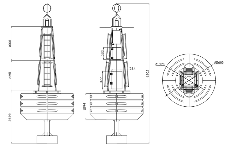 Heavy-duty Ø2600 offshore navigation buoy with 6000kg buoyancy, galvanized steel tower, LLDPE float body and SC160 lantern compatibility. OEM options available.