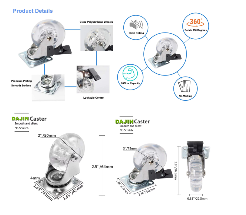 2 Inch Transparent Crystal PU Castors with Brake – Chrome Bracket Furniture Caster Wheels