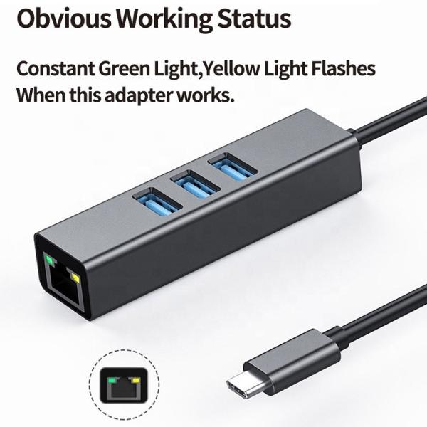 USB 3.1 Type C à 3 ports USB3.0 Hub avec éthernet gigabit RJ45 Adaptateur de port LAN Gris