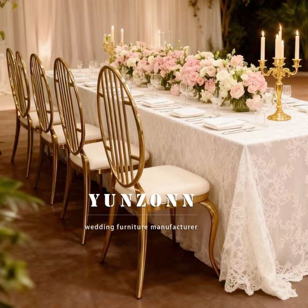 Modern Luxury Furniture Golden Hollow Stainless Steel Waiting Room Visitors Wedding Dining Chairs for Banquet