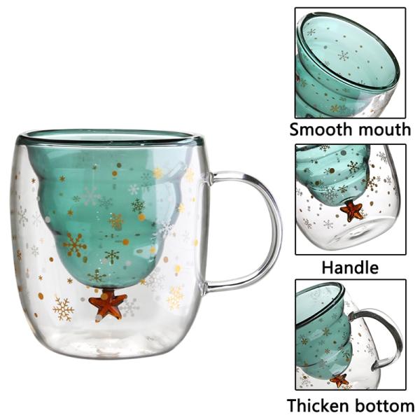 Custom Xmas Gift 200ml Double Walled Glass Coffee Cup with Christmas Tree Design