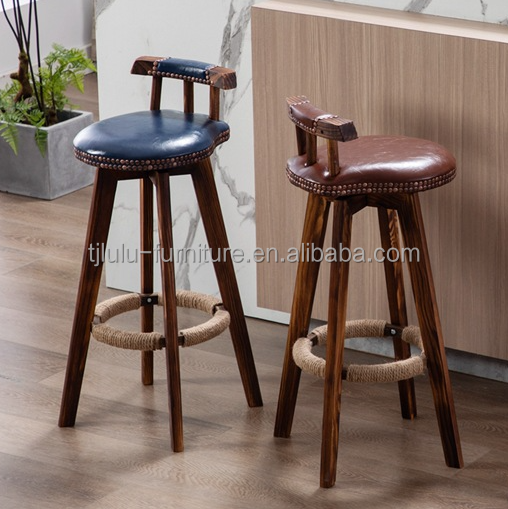 Bar Furniture Vintage High Chair Solid Wood Bar Stool with Back Rest Lacquered