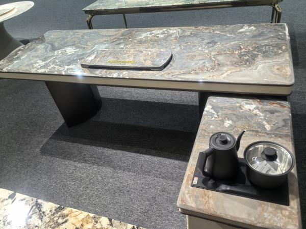 Italian Palissandro Blue Marble Table with Natural Veins and Artistic Centerpiece | Luxury Stone Table